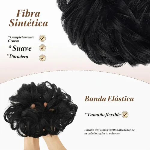 Vista 4 de FESHFEN Pieza de Cabello Grande de Moño Desordenado de Fibra Sintética Negro Azabache, 1.94 oz