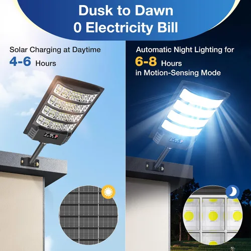 Vista 2 de [Usado] Luces solares impermeables para exteriores, luces LED de calle de 6500 K con sensor de movimiento y control remoto, luces de inundación