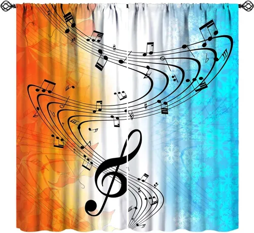 Vista 18 de Cortinas abstractas con notas musicales de piano, temática musical de piano, decoración de dormitorio de niños y niñas, arte rústico retro