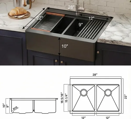 Vista 3 de LQS Fregadero de cocina de doble tazón para muchas ollas y sartenes, fregaderos de cocina de acero inoxidable para montaje bajo y caída