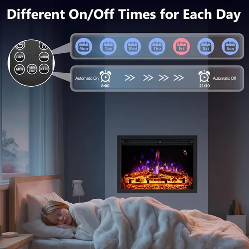 Vista 4 de Insertos de chimenea eléctrica de 23.6", brillo ajustable, termostato y temporizador, protección contra sobrecalentamiento, 750/1500W