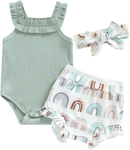 Vista 104 de TheFound Trajes de verano para niñas pequeñas, sin mangas, de punto acanalado, halter, pantalones cortos, ropa para recién nacidos, conjunto de 3