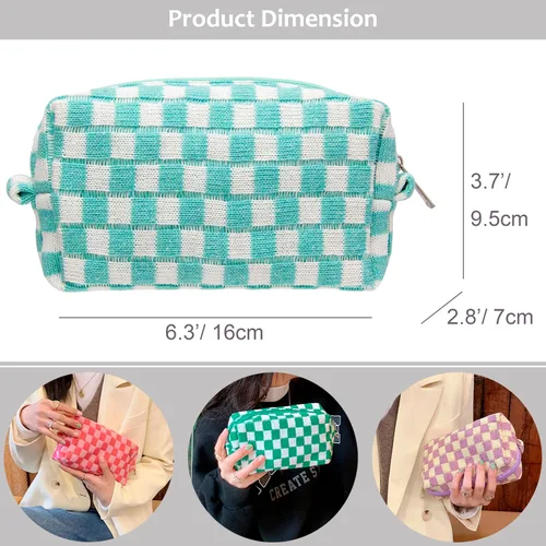 Vista 6 de PAZIMIIK Bolsa de Maquillaje a Cuadros para Bolso Portátil con Cremallera, Estuche Pequeño de Cosméticos para Accesorios de Viaje, Azul Ártico
