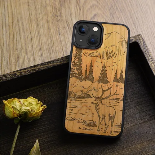Vista 8 de Carveit Funda magnética de madera para iPhone 15, compatible con cargadores inalámbricos MagSafe, funda negra de TPU suave a prueba de golpes