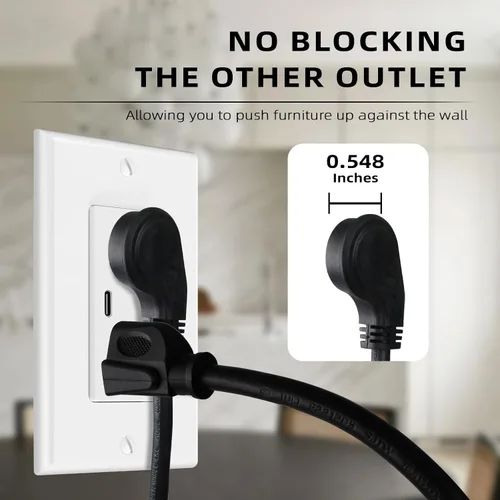 Vista 5 de EP Paquete de 3 cables de extensión de enchufe plano de 1 pie, cable de extensión de perfil bajo negro de 16 AWG de 3 clavijas para interiores