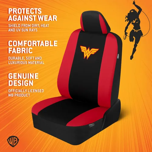 Vista 3 de BDK Wonder Woman - Juego completo de 9 piezas para asientos de automóvil, protectores de asiento de poliéster, color negro y rojo