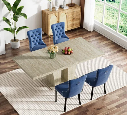 Vista 31 de Juego de mesa de comedor extensible marrón de 63 a 78.74 pulgadas para 4, juego de mesa de comedor de 5 piezas con 4 sillas, mesa de cocina