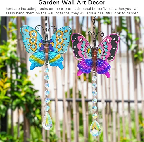 Vista 7 de Juego de 2 atrapasoles de mariposa de metal para ventanas – Decoración de pared de valla al aire libre de 14 pulgadas, prismas arcoíris