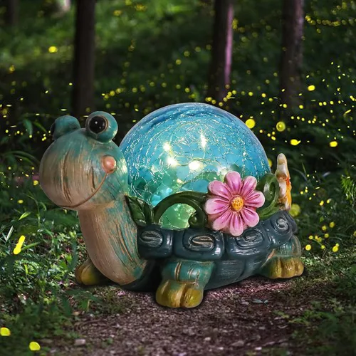 Vista 3 de Afirst Estatuas solares de jardín para exteriores, adorno de césped de tortuga con luces solares de vidrio agrietado para decoración de patio