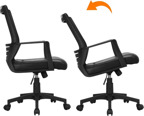 Vista 9 de Yaheetech Silla de oficina de malla con respaldo medio con asiento de cuero, silla ejecutiva para computadora de oficina con reposabrazos y soporte