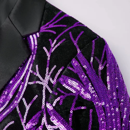 Vista 5 de Chaqueta de traje de baile de graduación con lentejuelas negras para hombre, con un botón, ajuste delgado, abrigos deportivos y blazers esmoquin