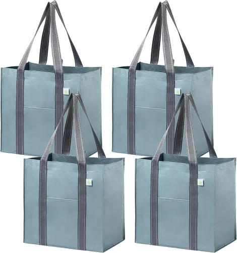 Vista 9 de VENO Paquete de 4 bolsas de comestibles reutilizables de Navidad, bolsas de compras resistentes con asas, para carrito de compras con parte inferior