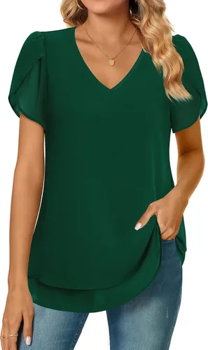 Vista 2 de Furnex Blusas de manga corta con cuello en V para mujer, diseño de pétalos de doble capa, túnica de gasa