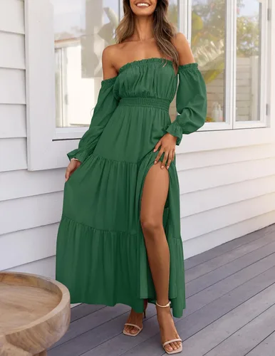 Vista 65 de ZESICA - Vestido largo, bohemio y sexy, con hombros descubiertos y manga larga fruncida, con elástico fruncido, cintura alta y abertura lateral