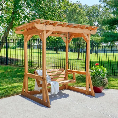 Vista 6 de Backyard Discovery Callahan - Pérgola Banco Oscilante de Madera de Cedro para Patio al Aire Libre de 8' x 5' con Enrejado, Asiento para Dos