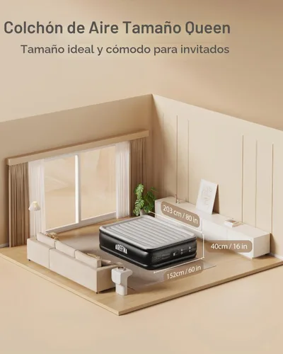 Vista 4 de Airefina Colchón de aire Queen con bomba incorporada, colchón inflable elevado cómodo con bolsa de transporte, cama de aire probada de fugas de 48