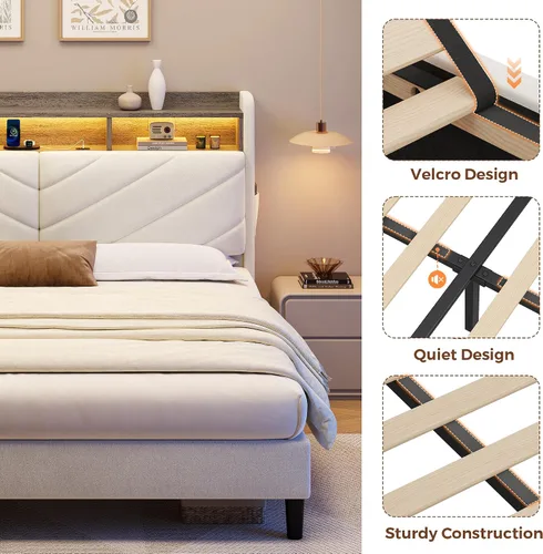 Vista 13 de Jocoevol Marco de cama de terciopelo tamaño Queen con cabecera ergonómica, cama de plataforma tapizada con luz LED y estación de carga, soporte