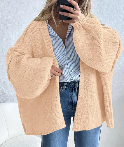 Vista 7 de PRETTYGARDEN Suéteres tipo cárdigan de gran tamaño para mujer Albaricoque
