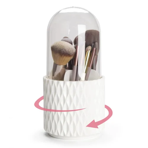 Vista 12 de Organizador de brochas de maquillaje, rotación de 360°, vaso de 5 ranuras para cosméticos, lápices labiales, bolígrafos, organizador de tocador