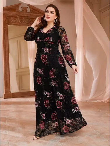 Vista 2 de Vestido de talla grande para mujer, con cuello en V, bordado de rosa, elegante, formal, maxi vestidos