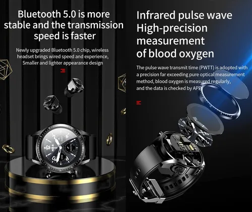 Vista 4 de Tuanzi JM03 2 en 1 Reloj inteligente con auriculares 1.28 "Smartwatch TWS HiFi Stereo Wireless Headset Combo Bluetooth Phone Call para Android iOS