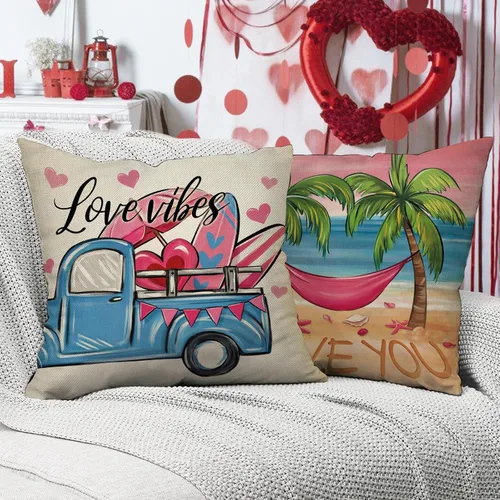 Vista 6 de Juego de 4 fundas de almohada decorativas para el día de San Valentín, playa, de 16 x 16 pulgadas, para silla de camión costera, con corazones