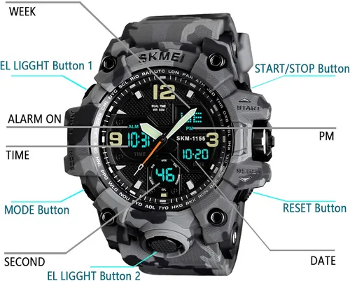 Vista 3 de Mens Analog Digital LED 50M Waterproof Outdoor Sport Watch Military Multifunction Casual Dual Display 12H24H Stopwatch Calendar Wrist Watch