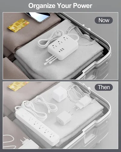 Vista 7 de Regleta de alimentación de viaje con 3 cables integrados, cable de extensión de enchufe plano con 3 tomas, 6 puertos USB, cable de extensión plano