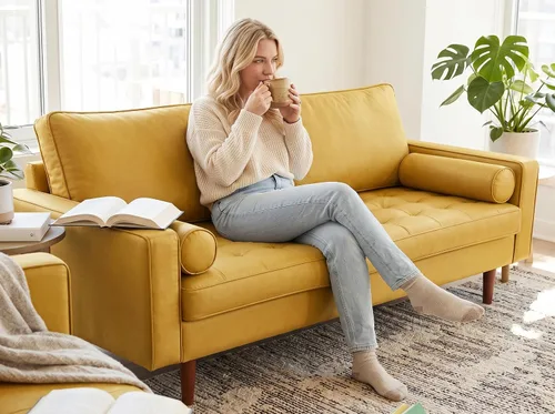 Vista 54 de Container Furniture - Sofá de piel sintética para la sala de estar moderna con cojines extraíbles y patas de madera maciza, sofá estilo lujoso