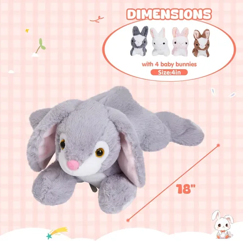 Vista 5 de WEWILL Conejito de peluche de 18 pulgadas, 5 piezas, juguete de peluche con 4 conejos bebés, regalos para cumpleaños y Pascua, color gris