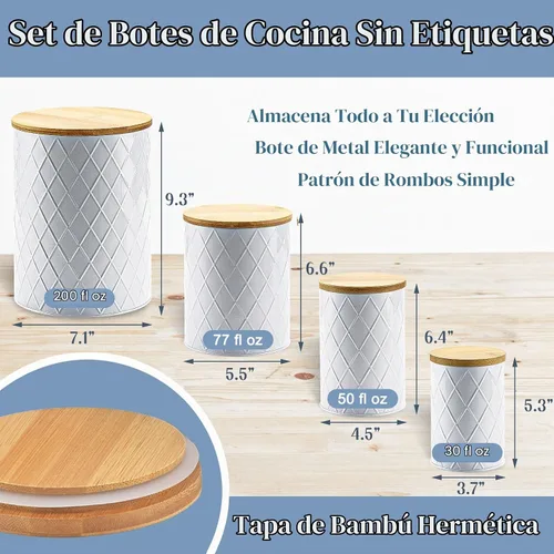 Vista 3 de Juego de recipientes de cocina blancos con tapas de bambú, azúcar hermético, harina, café, juegos de recipientes para almacenamiento de galletas
