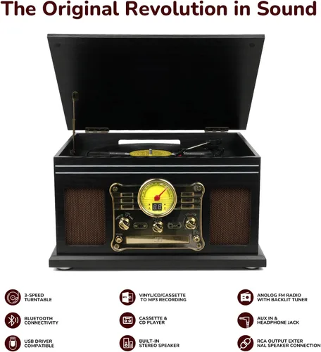 Vista 2 de FEKTIK - Tocadiscos Bluetooth 10 en 1, tocadiscos de 3 velocidades para vinilo con altavoces, convertidor LP a MP3, CD, reproductor de cassette Negro