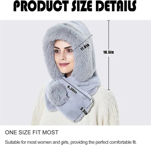 Vista 2 de Gorro de forro polar holgado de una pieza para mujer, bufanda con capucha, pasamontañas, cálido invierno, resistente al viento, con cordón