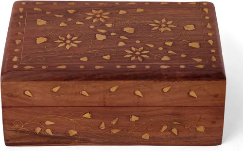 Vista 2 de GURU JEE Caja organizadora de madera con incrustaciones de latón floral con incrustaciones de latón