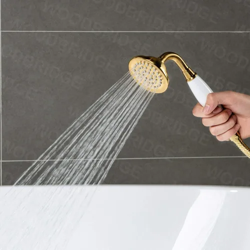 Vista 14 de WOODBRIDGE Grifo de llenado de bañera independiente contemporáneo de una sola manija con ducha de mano en acabado dorado cepillado, F0007-BGVT