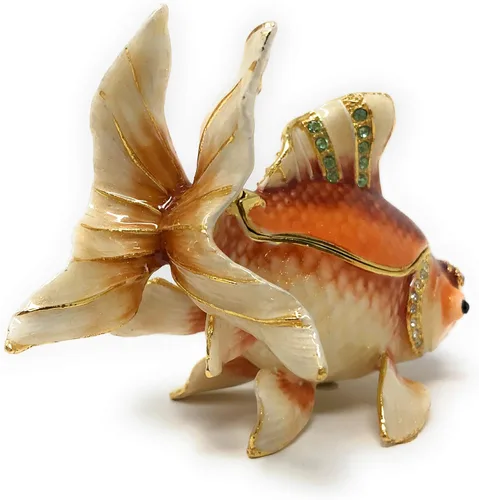 Vista 4 de Caja de baratijas esmaltada Fantail Koi Goldfish acentuada con cristales austriacos, 3.5 pulgadas de largo