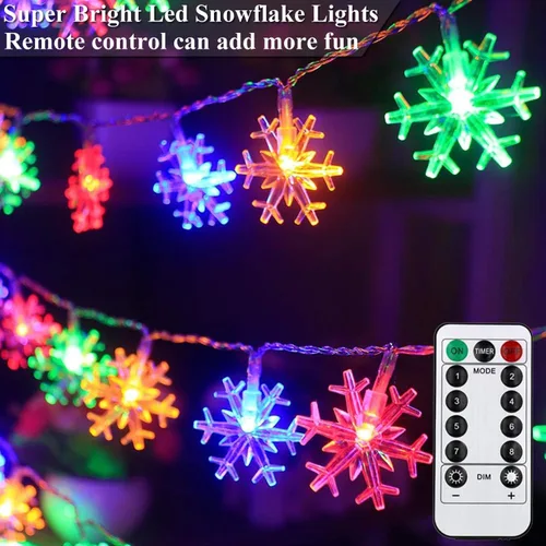 Vista 6 de Luces de Navidad con diseño de copos de nieve, 30 pies, 60 luces LED de Navidad, funciona con pilas, con control remoto para árbol de Navidad