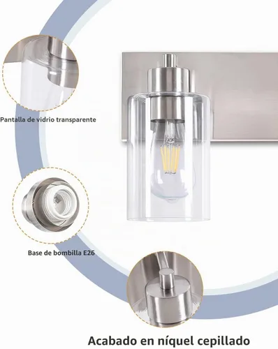 Vista 4 de Lámparas de baño, lámpara de tocador de 2 luces de níquel cepillado, apliques de pared modernos con pantalla de vidrio transparente para pasillo