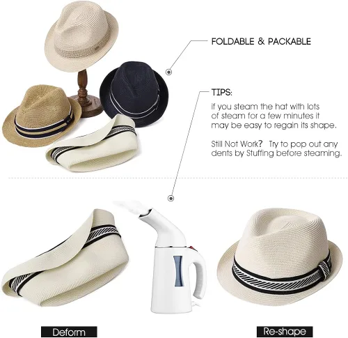 Vista 5 de Fancet Sombrero de Paja Pajarita Fedora Panamá Sol Verano Playa Sombrero Cubano Trilby Hombres Mujeres 21.7-24.0in