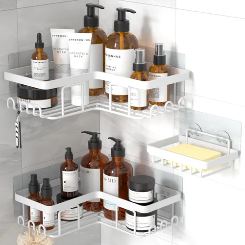 Vista 13 de YASONIC Organizador de ducha adhesivo de esquina, con soporte para jabón y 12 ganchos, organizador de baño de acero inoxidable a prueba de óxido