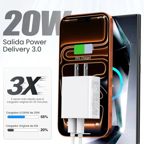 Vista 2 de [Paquete de 2] Adaptador de doble puerto de carga rápida USB C de 20 W Blanco