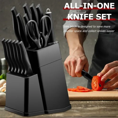 Vista 6 de LIANYU Juego de cuchillos de cocina con bloque y afilador, juego de 15 piezas de bloque de cuchillos, juego de cuchillos de chef de acero inoxidable