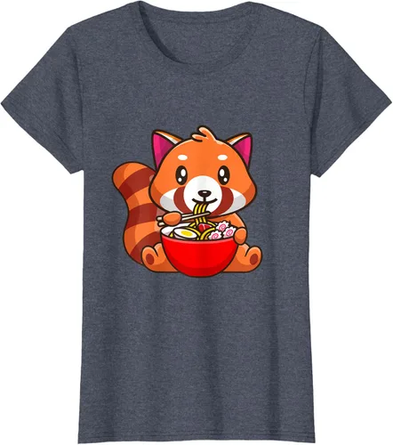 Vista 35 de Camiseta Kawaii Anime Red Panda Eating Ramen Noodles, Negro, S