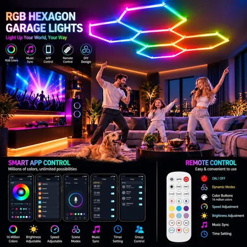 Vista 3 de 25Pack RGB Hexagon led Garage Lights,5 Hexagon Light DIY with Multi Color 25Pack-5Hex-RGB