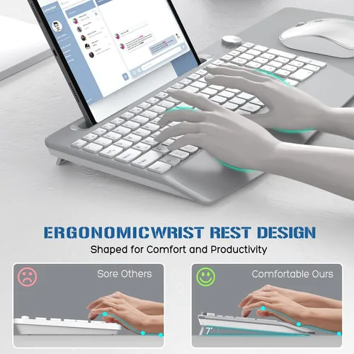 Vista 2 de JOYACCESS Combo ergonómico de teclado inalámbrico y ratón, teclado inalámbrico de tamaño completo diseñado con soporte para teléfono y Blanco