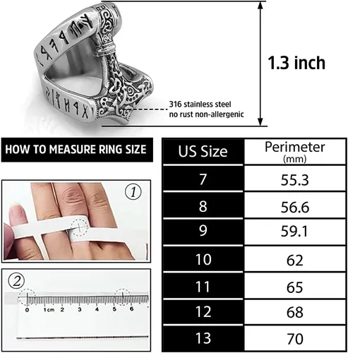Vista 5 de Anillo de Mjolnir de martillo de Thor rúnico 316L de acero inoxidable nórdico escandinavo vikingo joyería