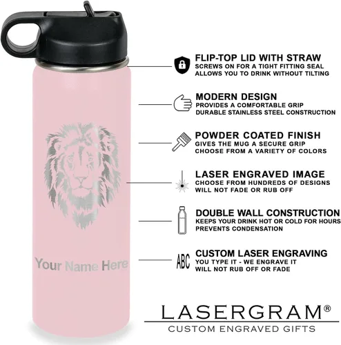 Vista 3 de LaserGram Botella de agua personalizada, mantén la calma y baila, acero inoxidable de doble pared aislada al vacío con popote superior, regalo Rosa