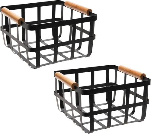 Vista 9 de Simplify Cesta de almacenamiento cuadrada de metal con asas de bambú Mediana Cesta de alambre estilo granja Organizador para el hogar Negro