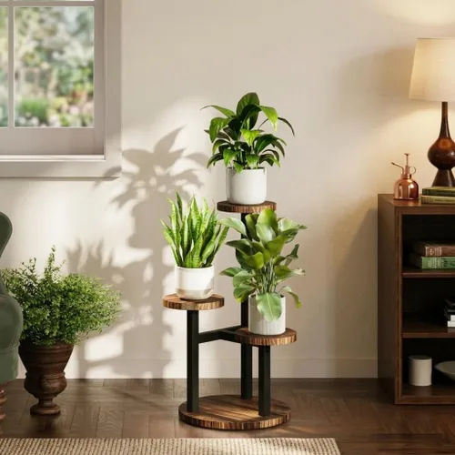 Vista 6 de Bamworld Soporte para Plantas de Esquina Interior de Metal y Madera Estante para Plantas Exterior Soportes Altos para Plantas Mesas para Plantas