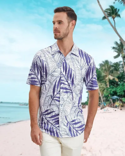 Vista 2 de BOJIN Camisa hawaiana de manga corta con botones para hombre, diseño floral tropical, sin arrugas, para vacaciones en la playa